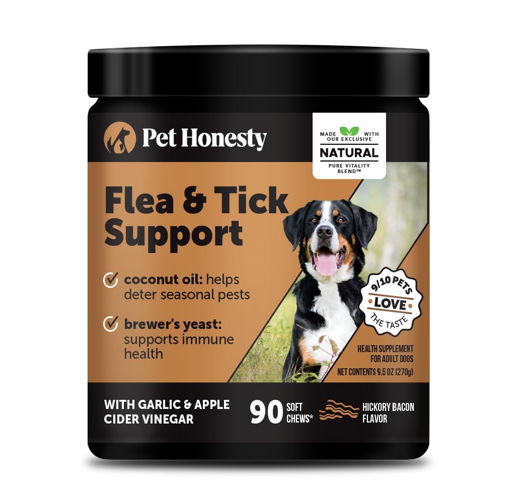 Pet Honesty Outdoor Defense chews in a bowl highlight bacon flavor and pest resistance support