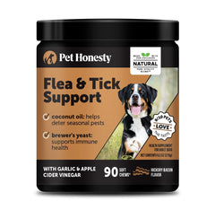 Pet Honesty Outdoor Defense chews in a bowl highlight bacon flavor and pest resistance support