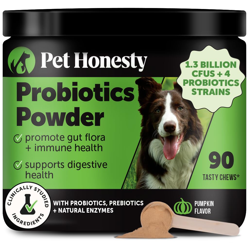 Pet Honesty probiotic pumpkin powder bowl; supports healthy digestion and balanced gut flora.