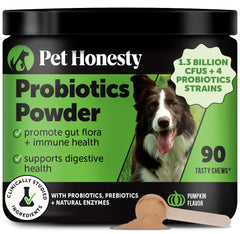 Pet Honesty probiotic pumpkin powder bowl; supports healthy digestion and balanced gut flora.