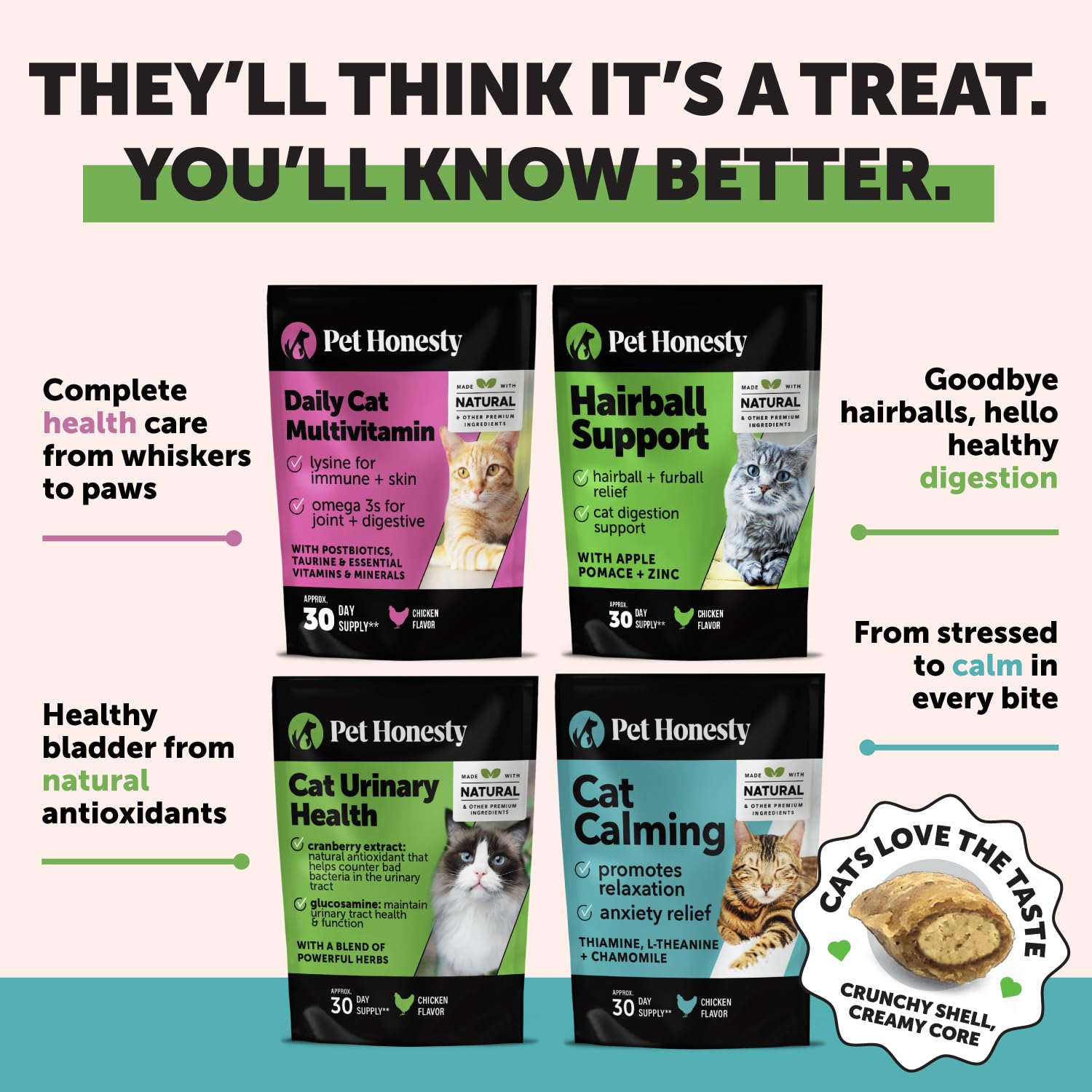 Pet Honesty psyllium-based chew aids hairball removal and digestion.