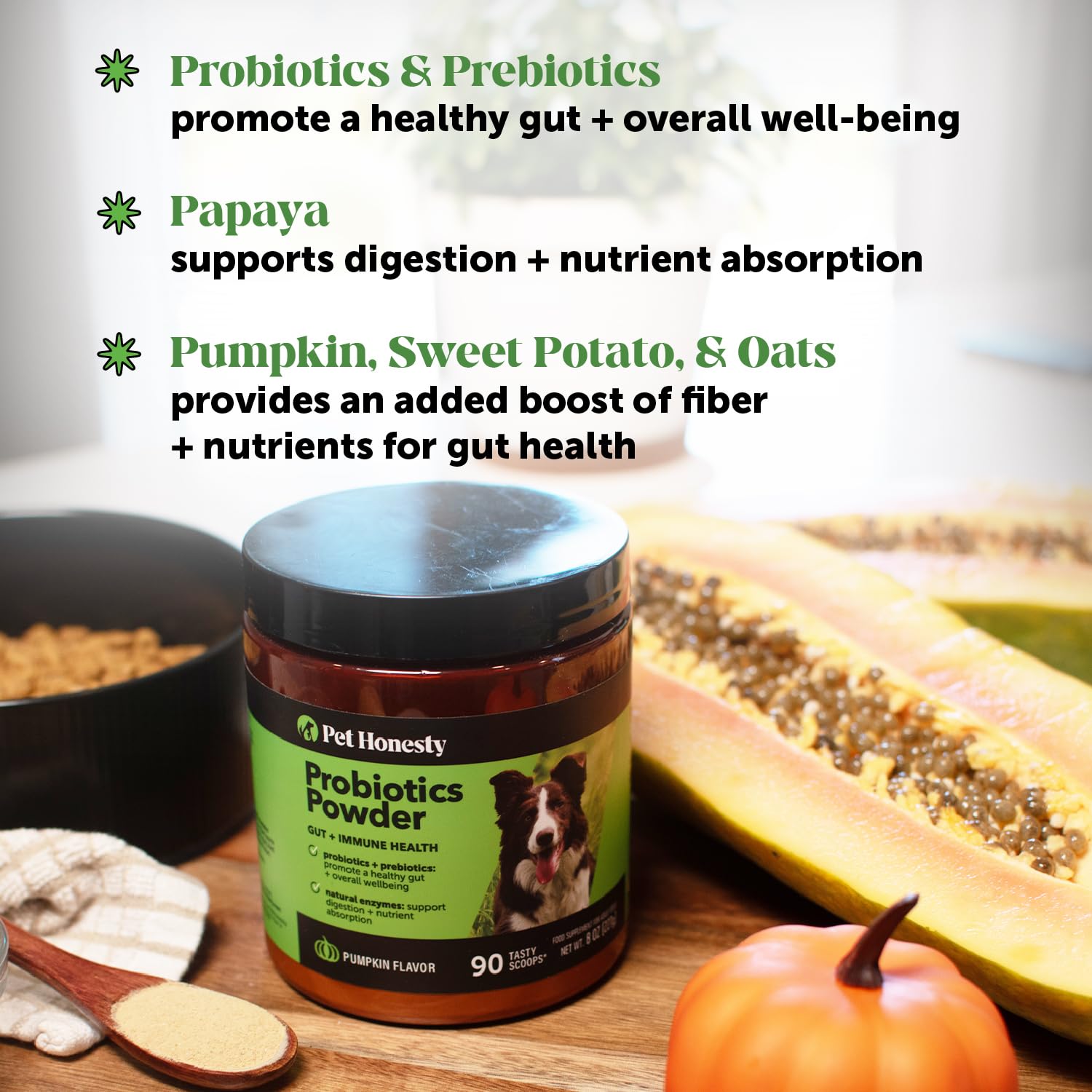 Pet Honesty pumpkin ingredients closeup highlighting natural enzymes and prebiotic fiber.