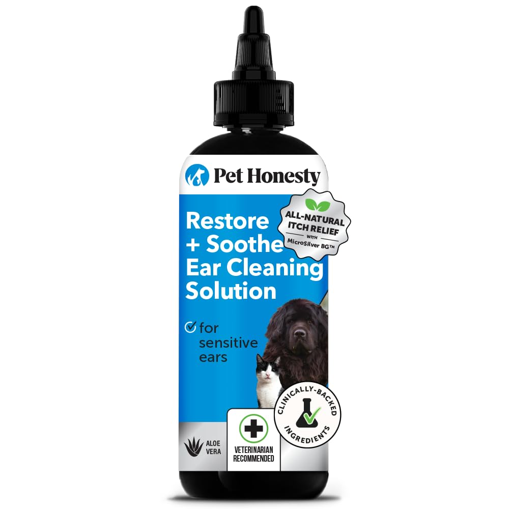 Pet Honesty Restore + Soothe ear cleaner bottle for gentle pet ear cleansing.