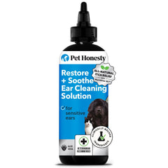 Pet Honesty Restore + Soothe ear cleaner bottle for gentle pet ear cleansing.