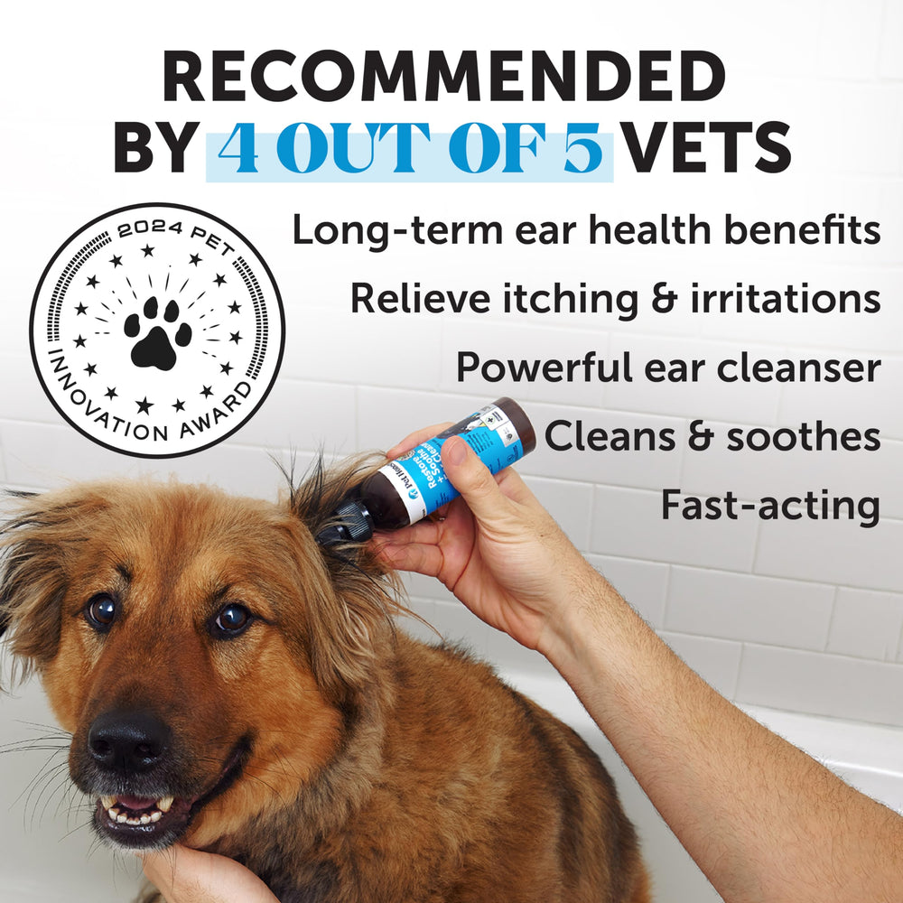 Pet Honesty Restore + Soothe ear cleaner applied to a dog's ear during routine care.