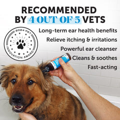 Pet Honesty Restore + Soothe ear cleaner applied to a dog's ear during routine care.