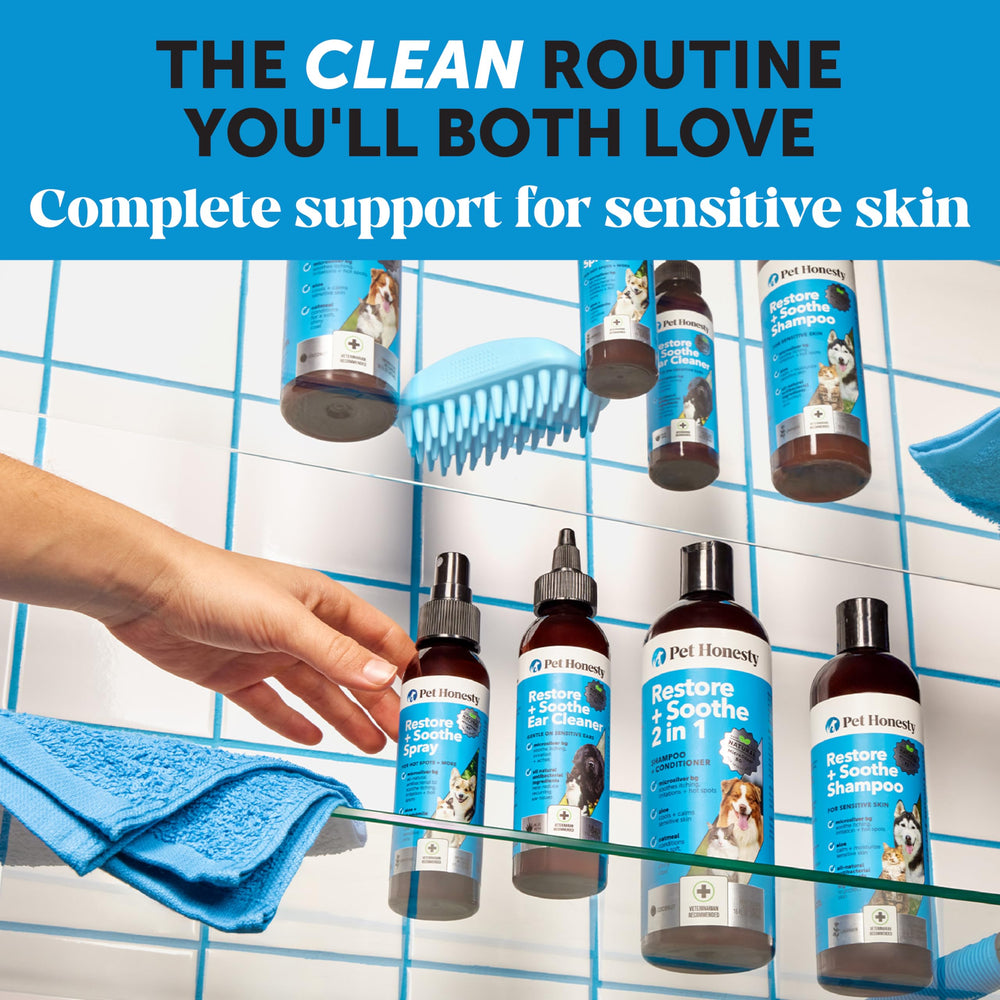 Pet Honesty Restore + Soothe ear cleaner featuring MicroSilver BG for gentle protection.
