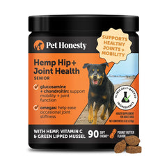 Pet Honesty senior hip and joint chews bottle showing mobility support.