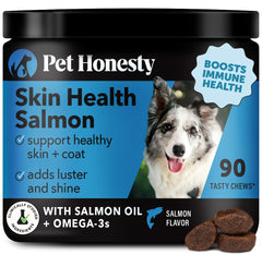 Pet Honesty Skin Health Salmon Chews bottle displays packaging; supports healthy skin and coat