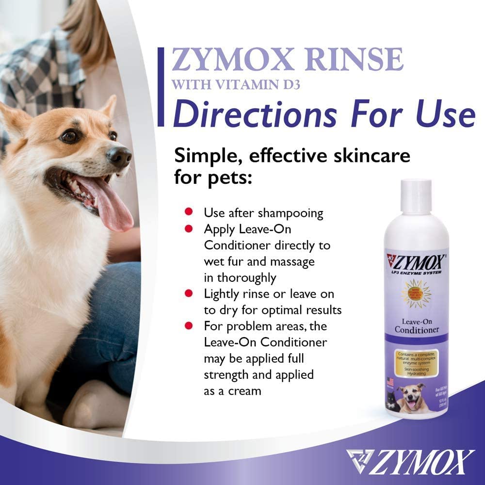 Pet King Brands ZYMOX leave-in conditioner label close-up shows silicone- and paraben-free formula.