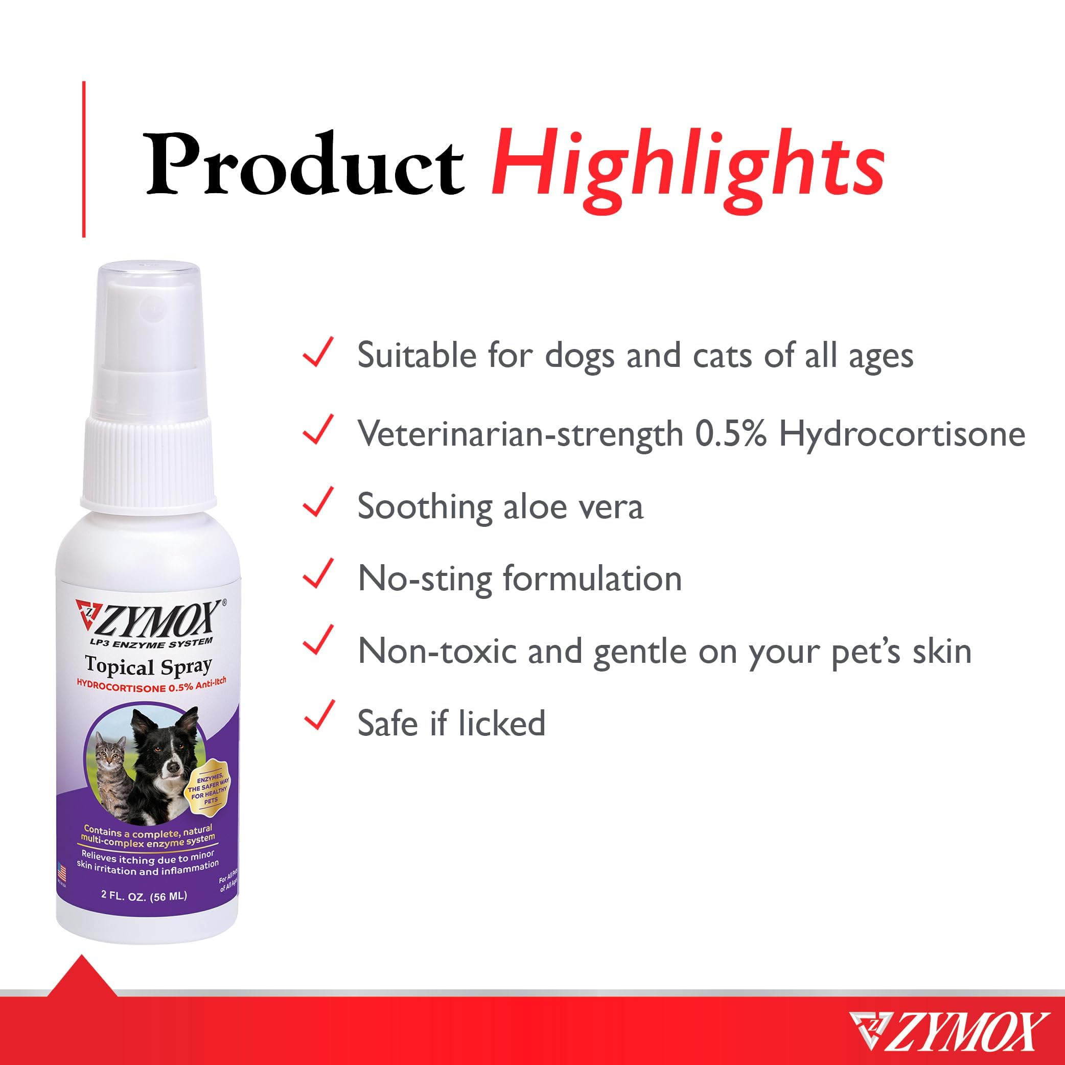 Pet King Brands Zymox enzyme system graphic illustrates fast-acting soothing action