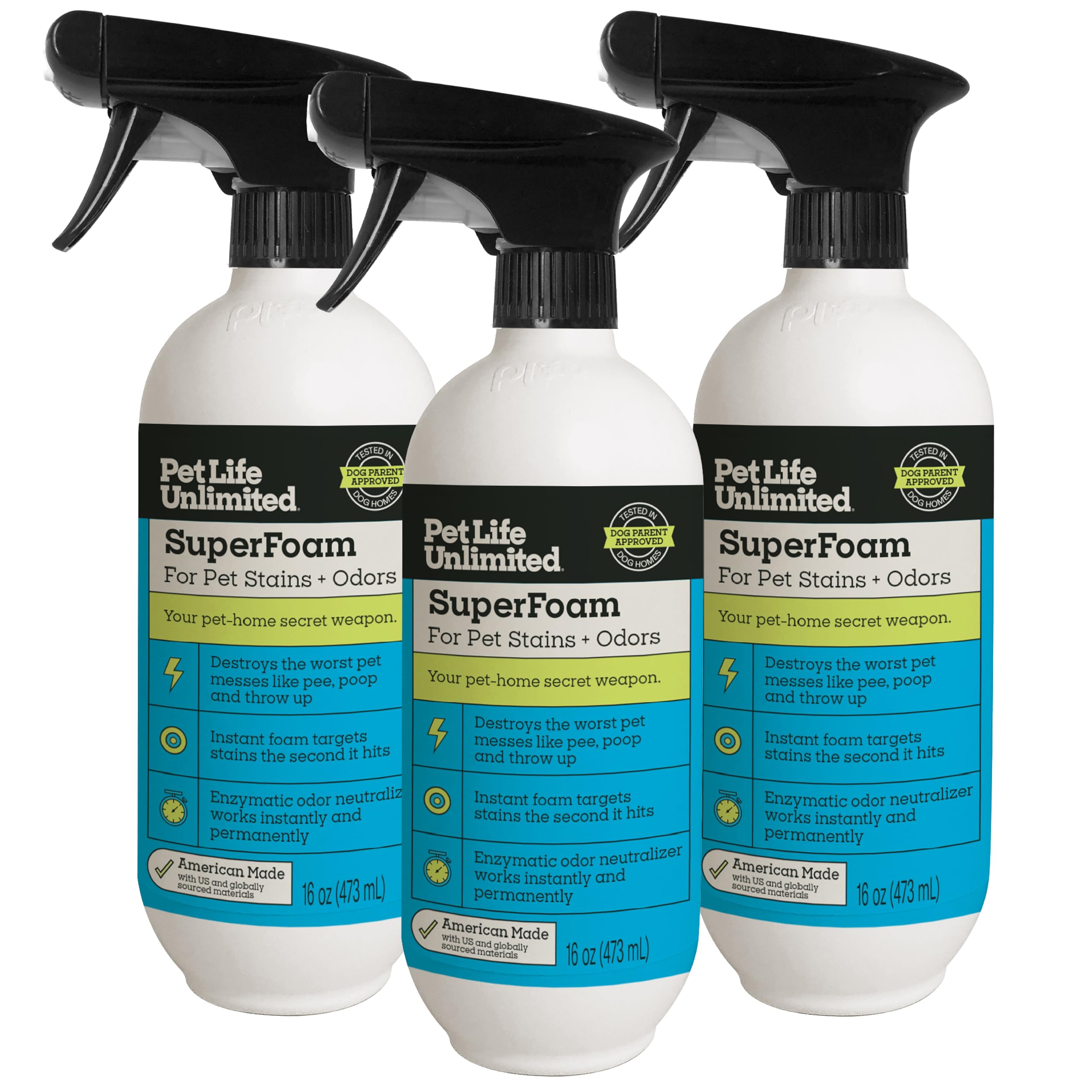 Pet Life Unlimited SuperFoam Spray bottle action showing quick foam cleaning on messes