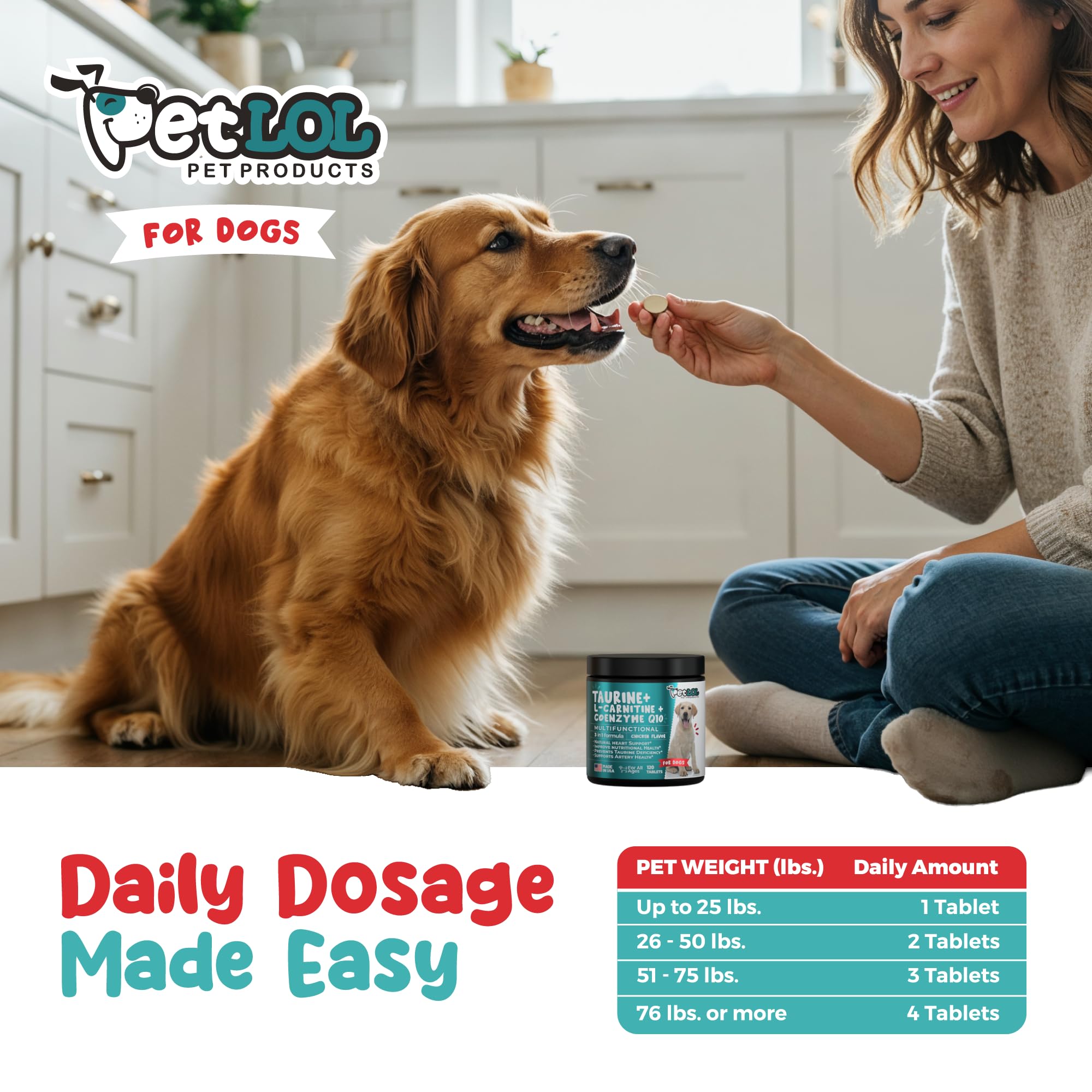 PET LOL heart health illustration for dogs highlighting taurine and carnitine.