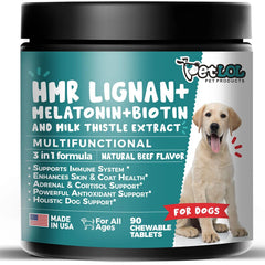 Pet LOL HMR Lignan Melatonin bottle front for overall dog wellness