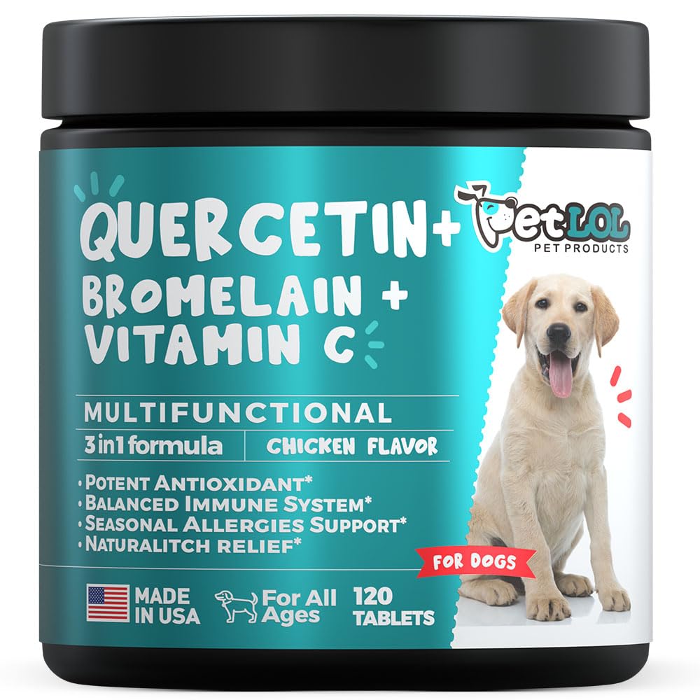 PET LOL Quercetin dog chew bottle, convenient daily allergy support.