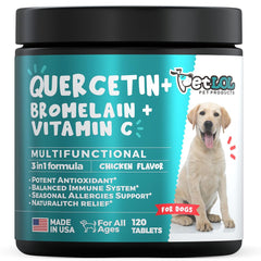PET LOL Quercetin dog chew bottle, convenient daily allergy support.