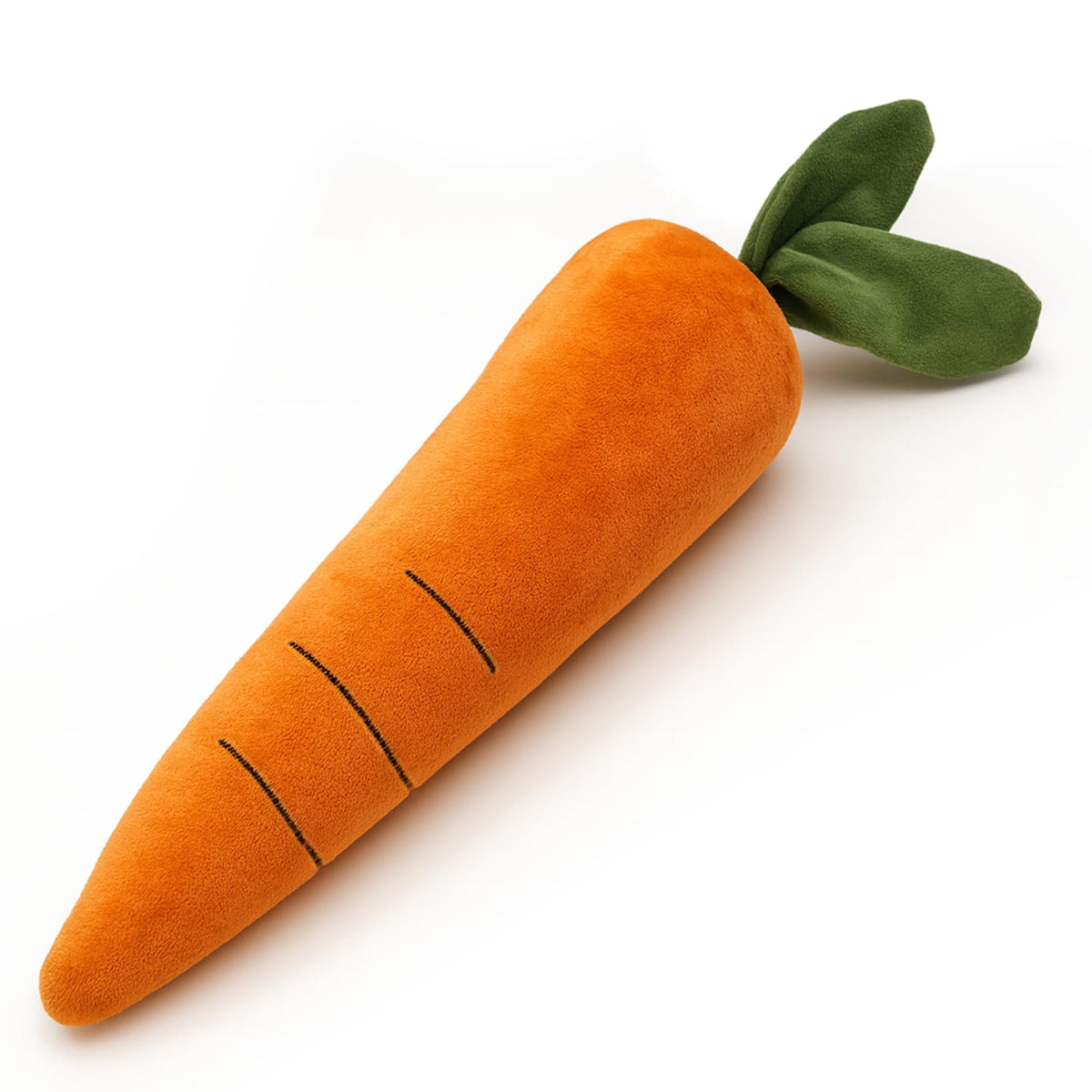 Pet Lou 15 Inch Carrot Plush Dog Toy outer view, durable chew for moderate chewers.
