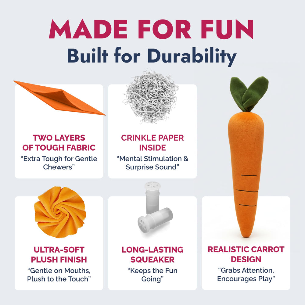Pet Lou Carrot Plush Dog Toy crinkle interior provides sensory feedback during games.