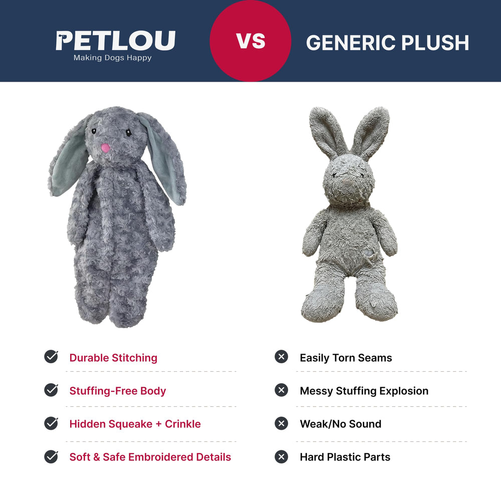 Pet Lou toy features hidden squeaker and crinkle for sensory engagement