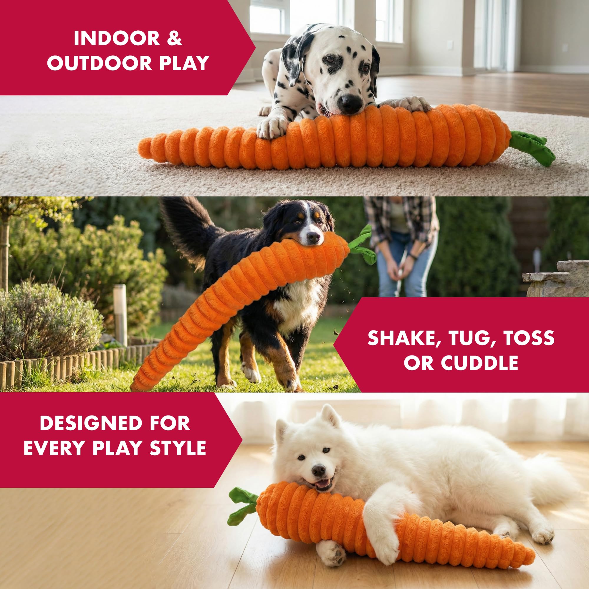 Pet Lou Luxe Carrot toy in action during dog playtime.
