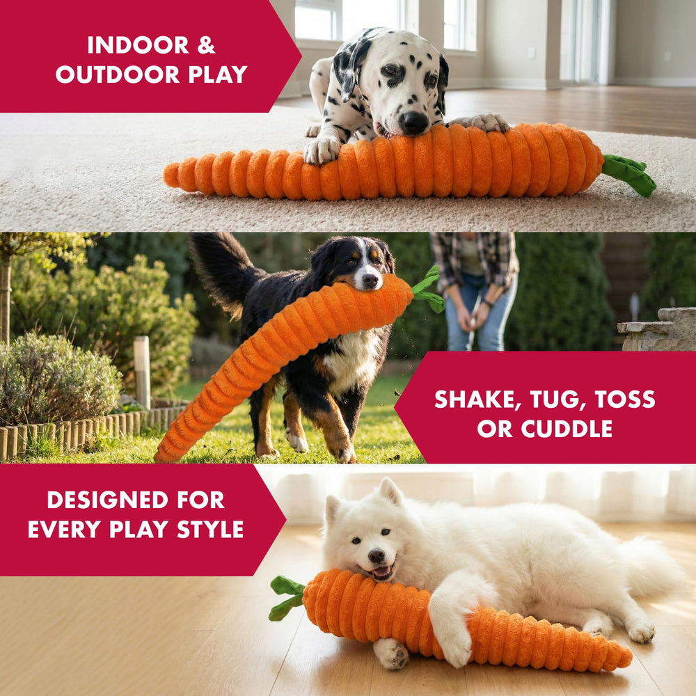 Pet Lou Luxe Carrot toy in action during dog playtime.