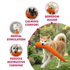 Pet Lou Luxe Carrot toy with squeakers inside for engaging sound.
