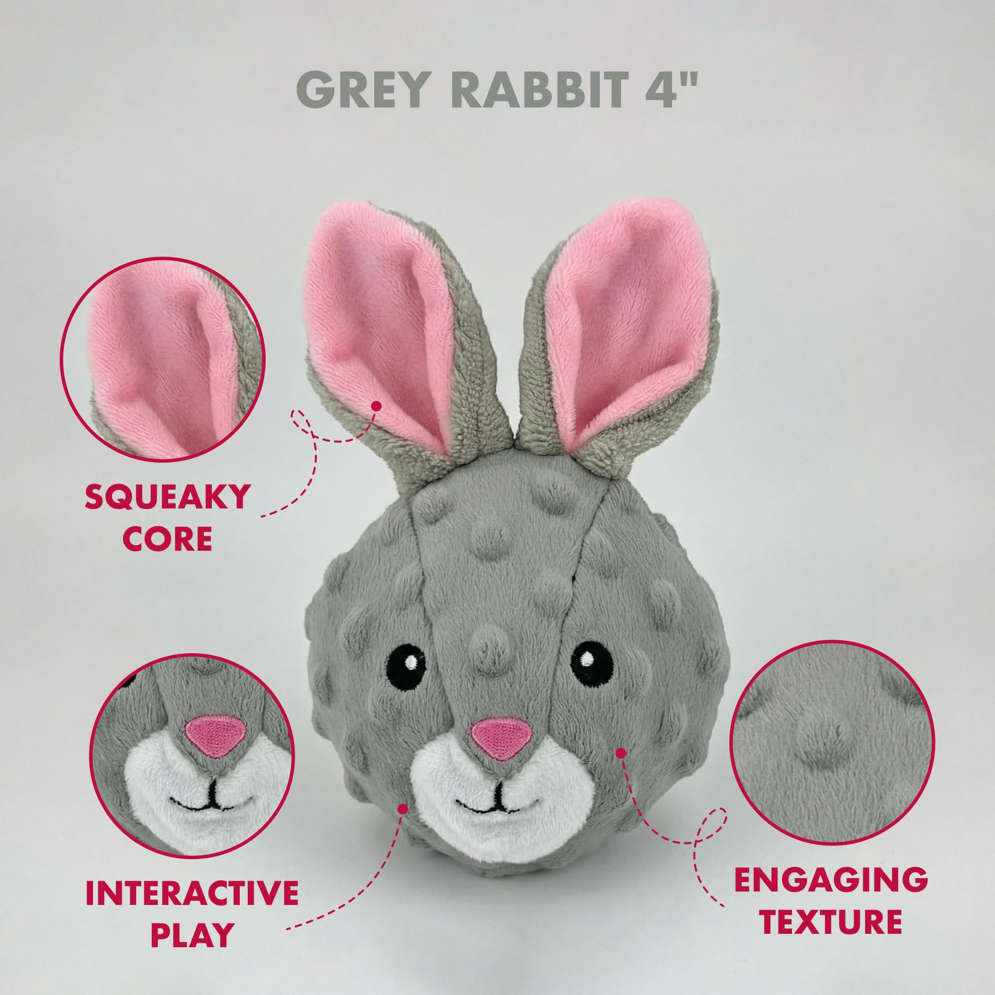 Pet Lou Rabbit EZ Squeaky Ball outer plush with bunny heads close-up.