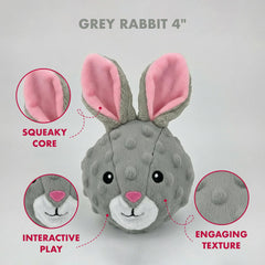 Pet Lou Rabbit EZ Squeaky Ball outer plush with bunny heads close-up.