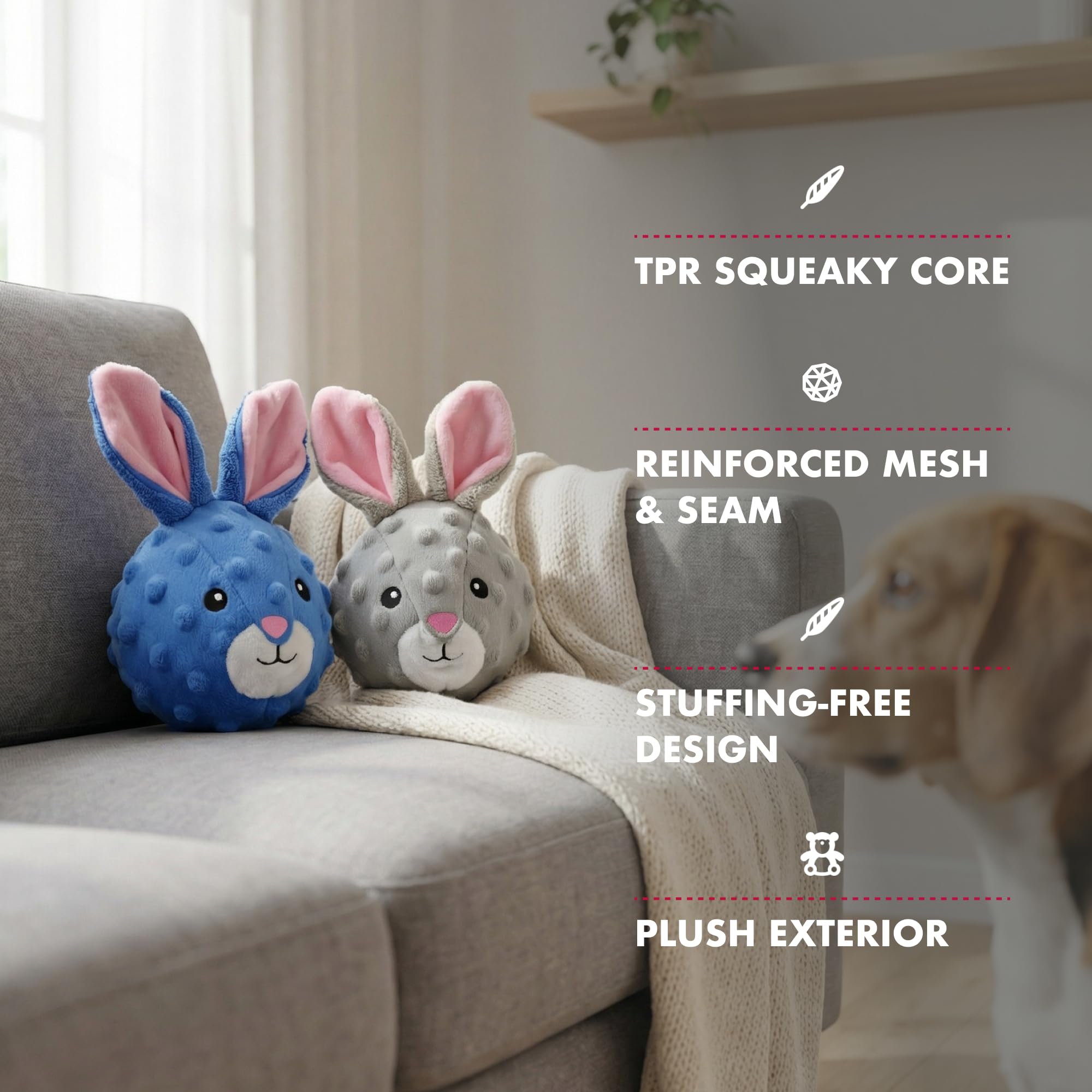 Pet Lou Rabbit EZ Squeaky Ball stuffing-free for easy cleanup.