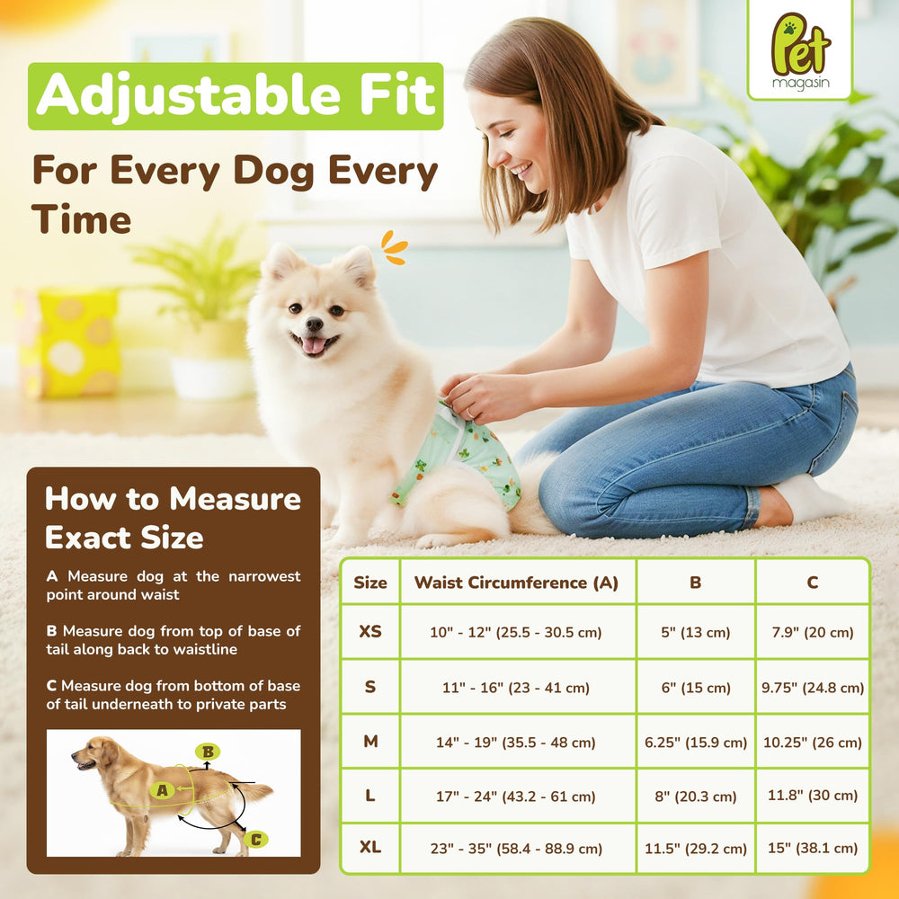 Pet Magasin washable female dog diapers in XS–XL fit, soft and snug for varied breeds