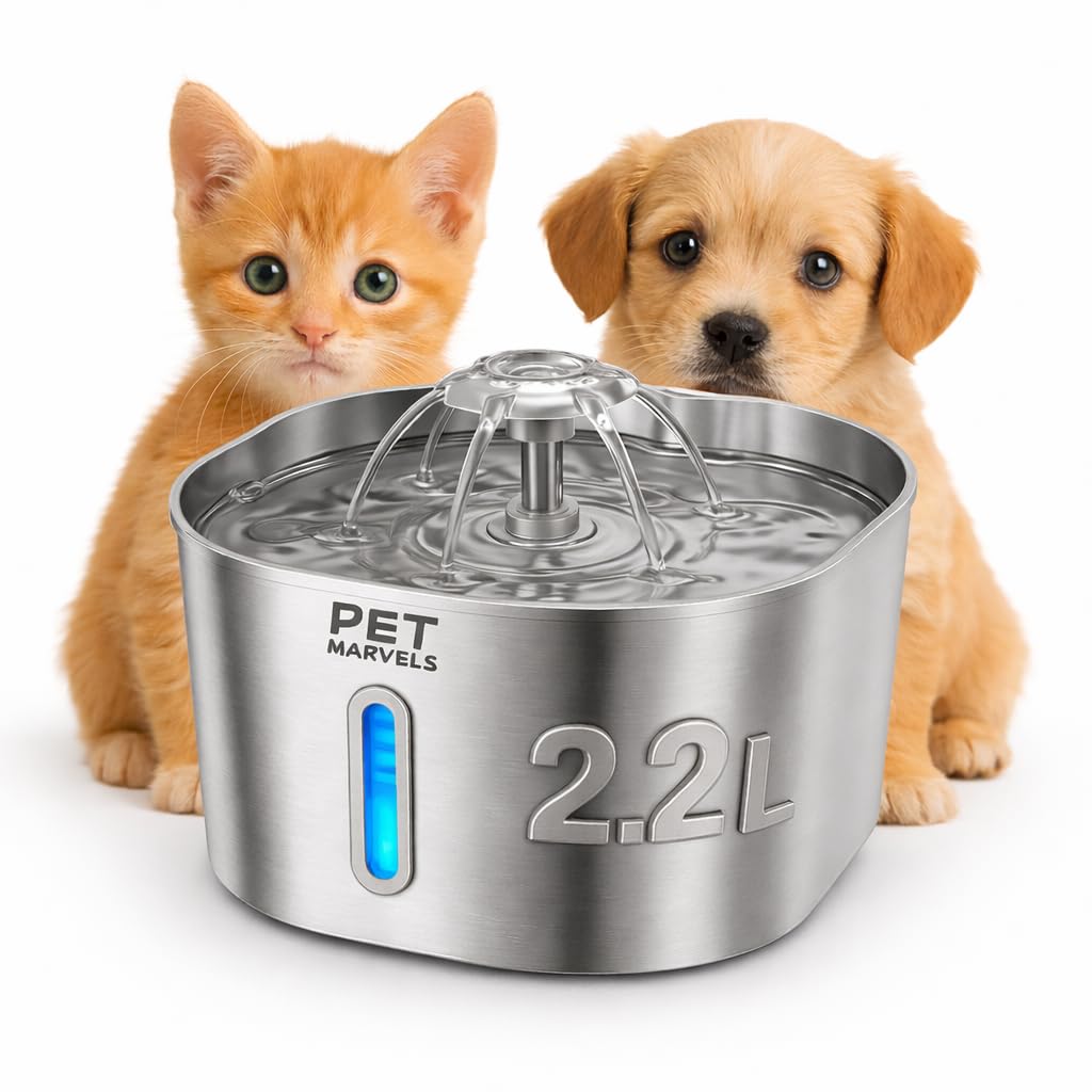 Pet Marvels stainless steel fountain with visible water level window for quick top-ups