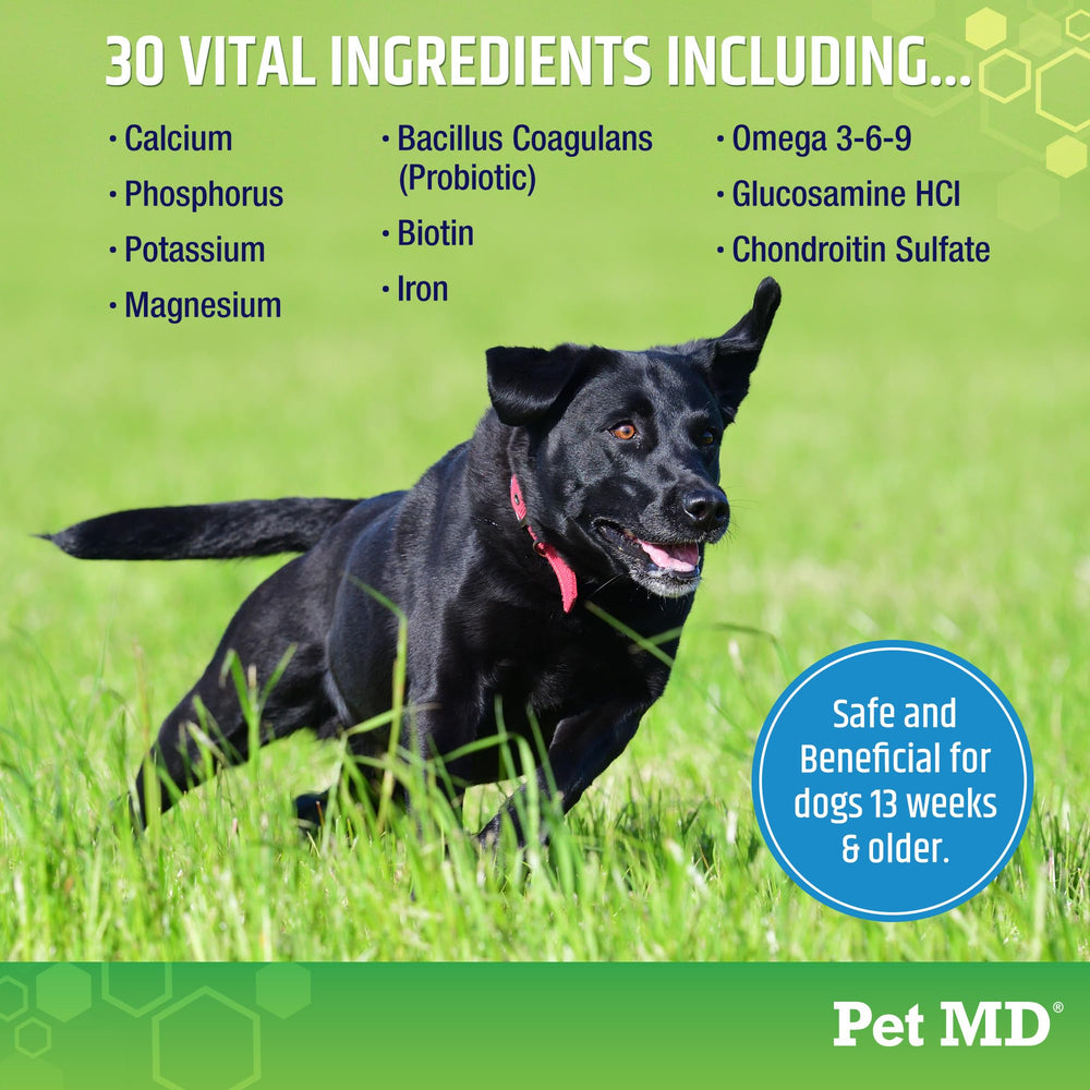 Pet MD 5in1 label highlights vitamins and ingredients for dogs.