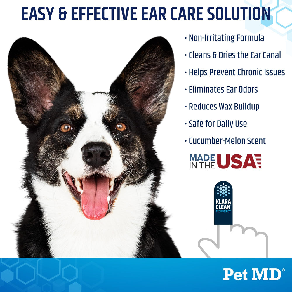 Pet MD Advanced Ear Finger Wipes fingertip application on a dog’s ear.