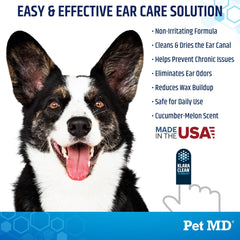 Pet MD Advanced Ear Finger Wipes fingertip application on a dog’s ear.