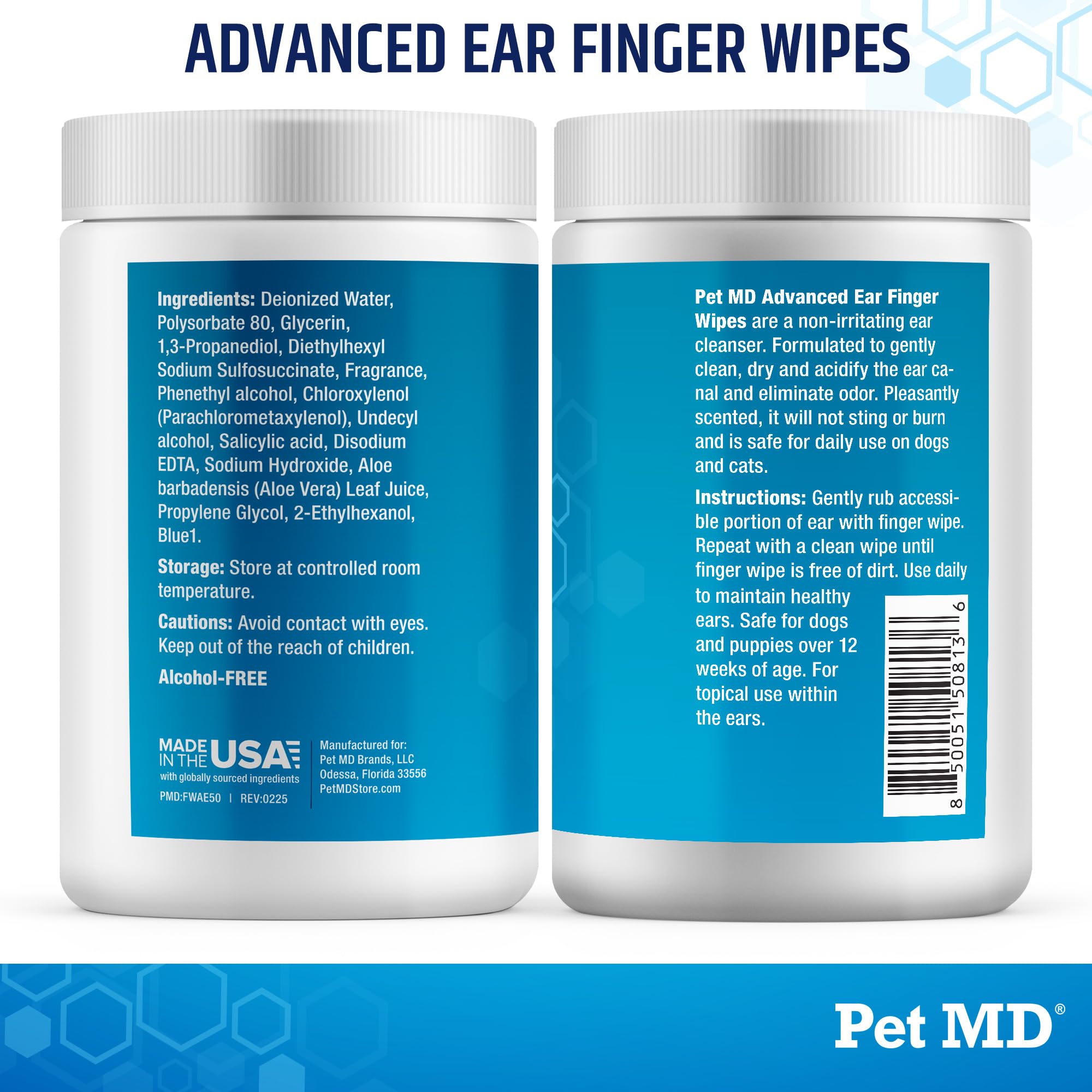 Pet MD Advanced Ear Finger Wipes cucumber melon scent enhances ear care routine.