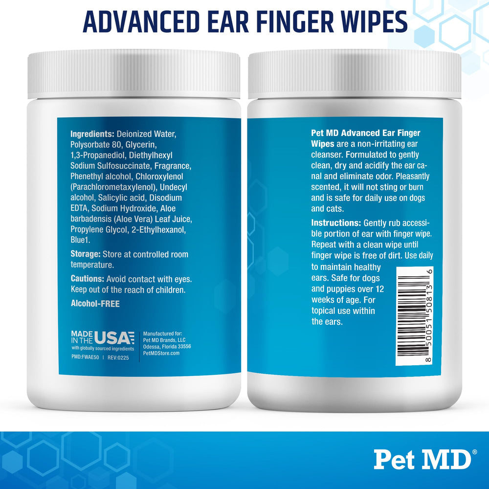 Pet MD Advanced Ear Finger Wipes cucumber melon scent enhances ear care routine.