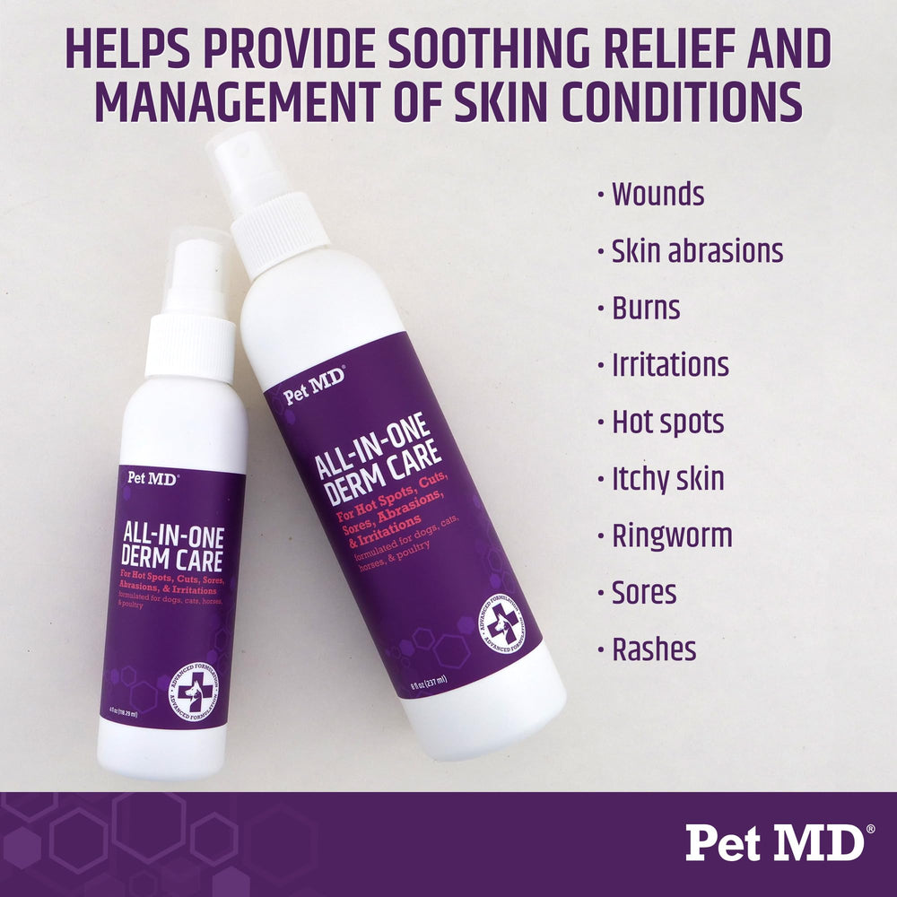 Pet MD All-in-One Derm Care on dog shows itch relief potential.
