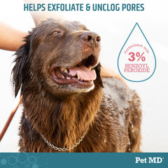 Pet MD Benzoyl Peroxide Shampoo lather action cleanses oils and impurities.