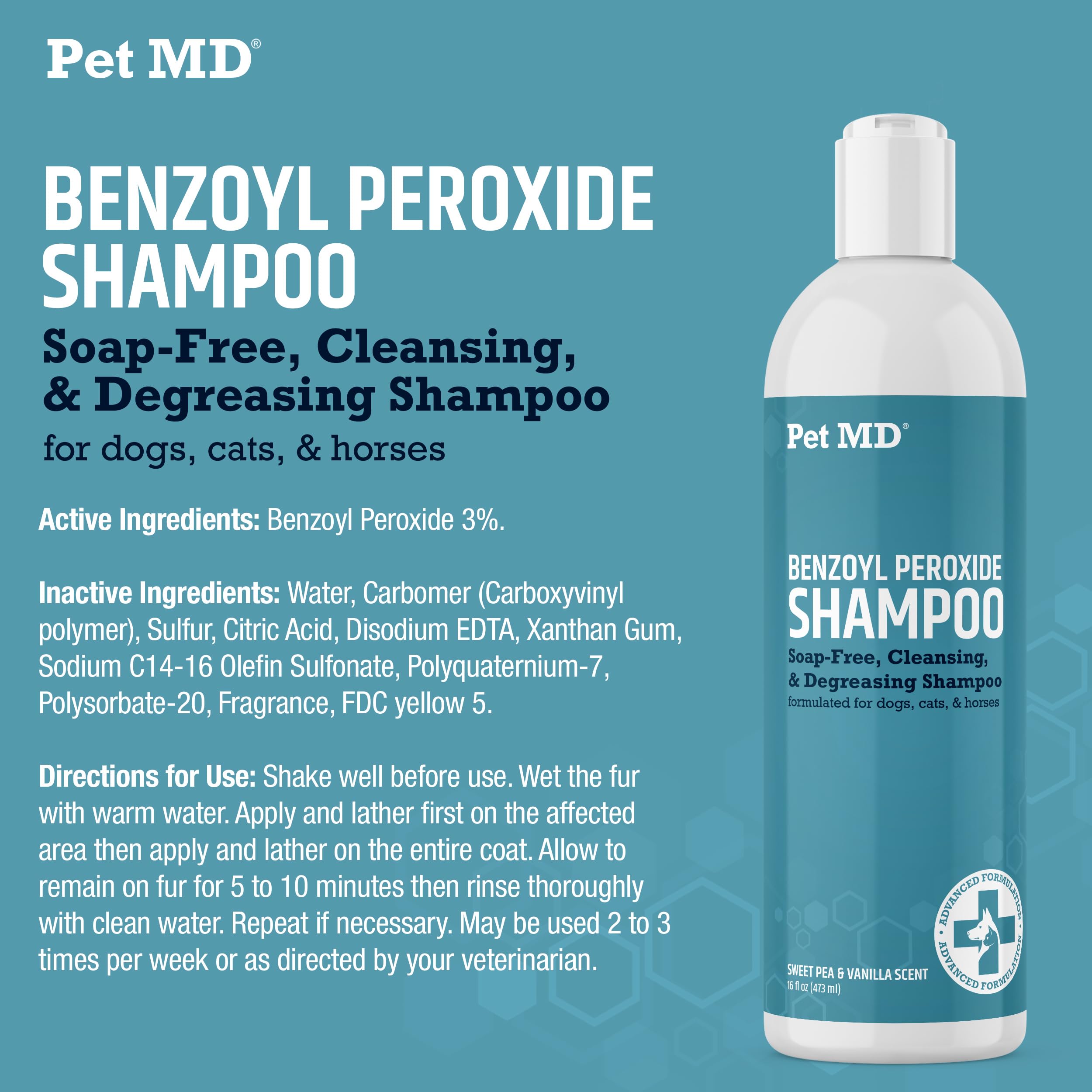 Pet MD benzoyl peroxide shampoo USA made label ensures quality and safety