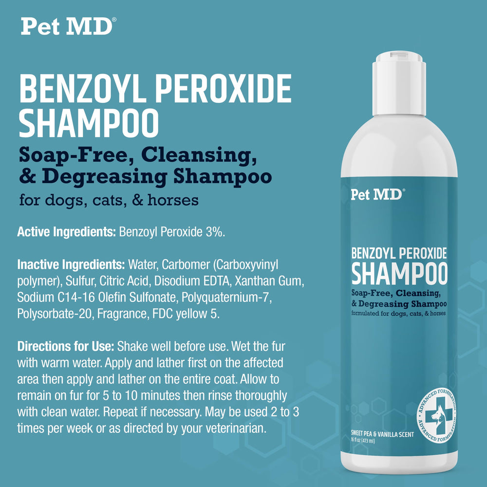 Pet MD benzoyl peroxide shampoo USA made label ensures quality and safety