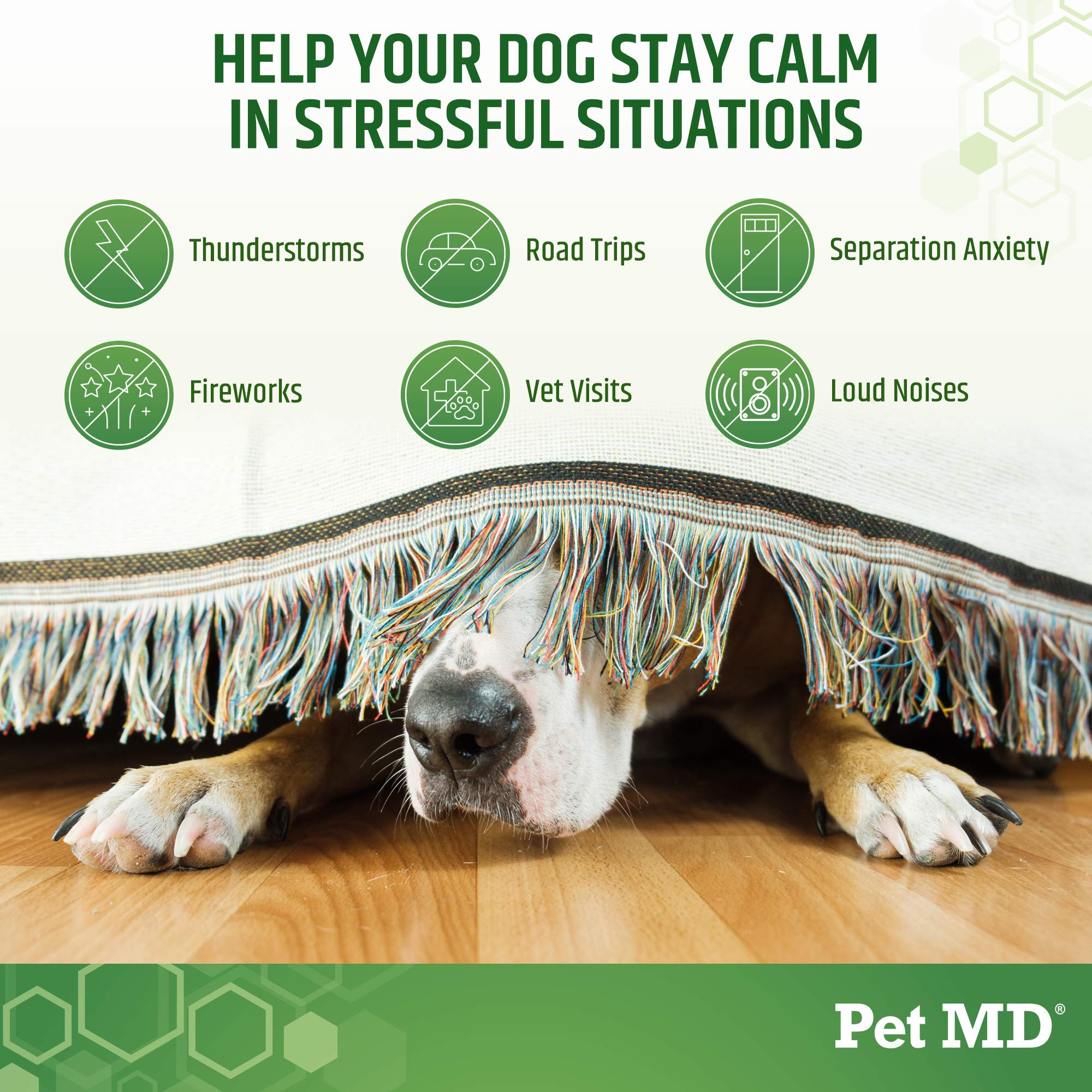 Pet MD Calming Chews easy-open package, ideal for travel and vet visits.