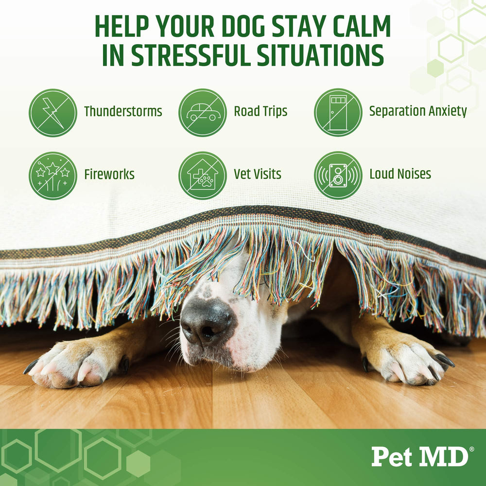 Pet MD Calming Chews easy-open package, ideal for travel and vet visits.