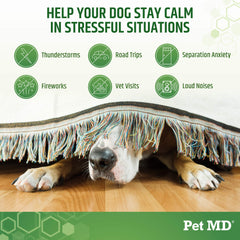 Pet MD Calming Chews easy-open package, ideal for travel and vet visits.