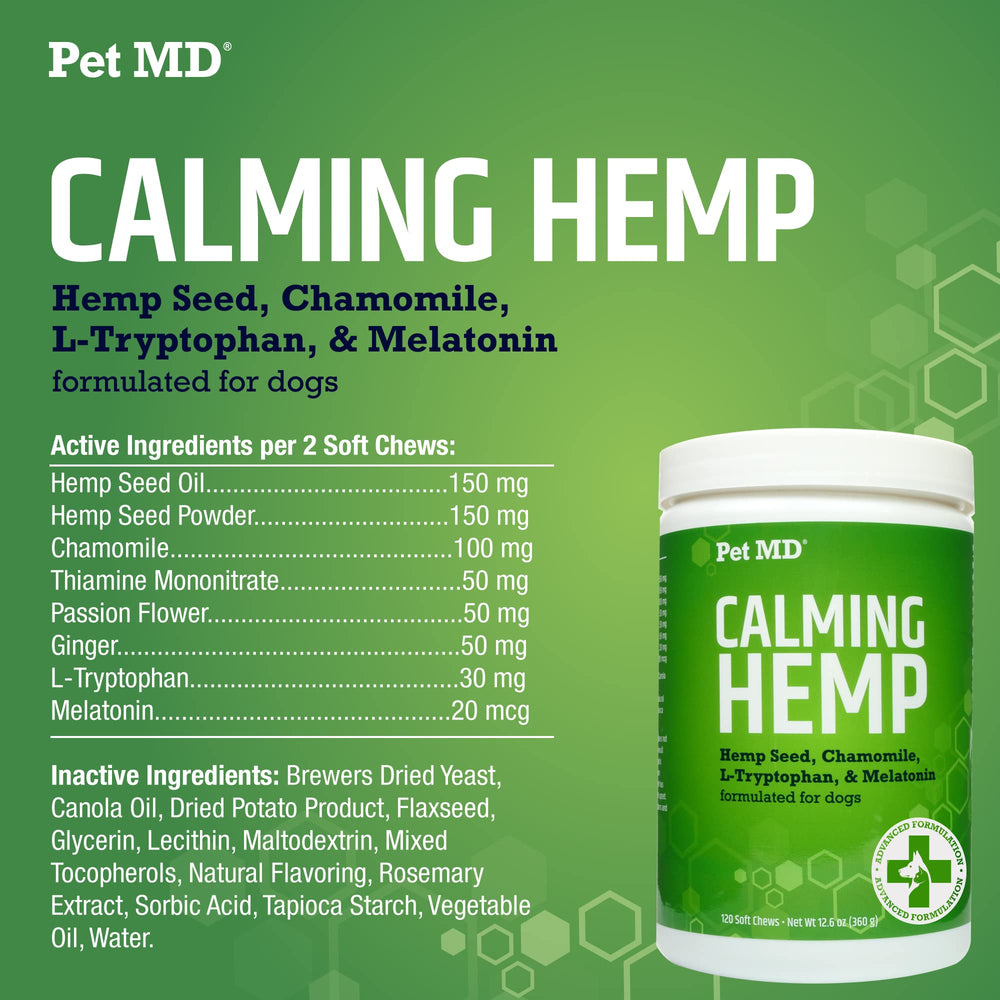 Pet MD Calming Chews puppy to senior friendly formula during storms.
