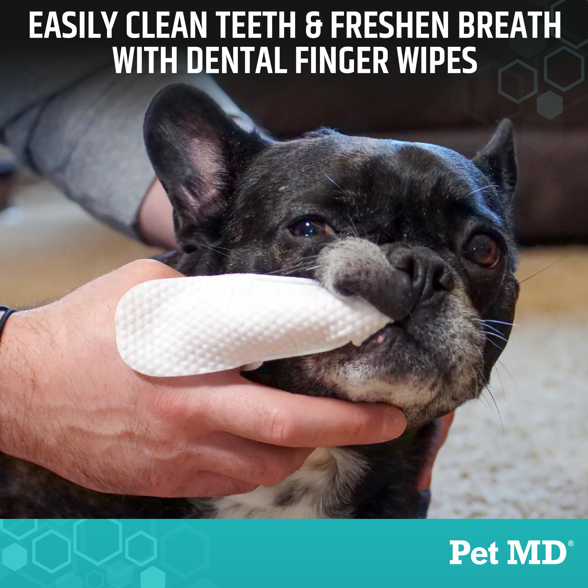 Pet MD dental wipes textured surface close-up used for plaque removal.