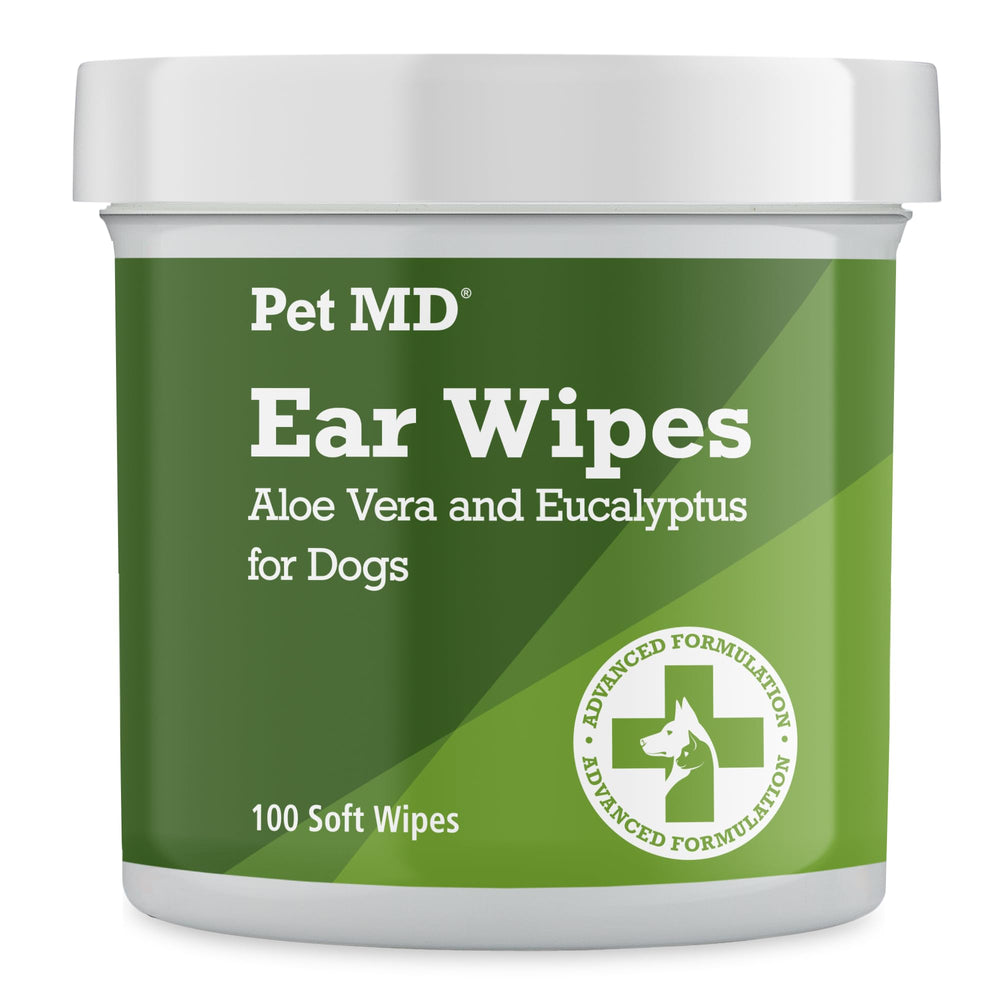 Pet MD dog ear cleaning wipes packaging close-up, easy ear care.