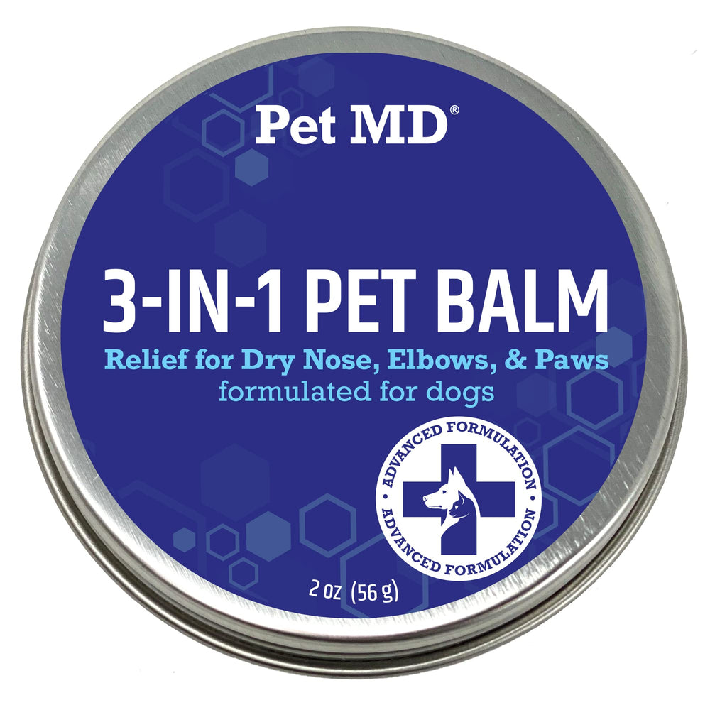 Pet MD Dog Paw Balm jar showing creamy formula for paw comfort