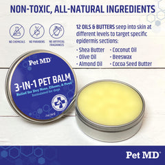 Pet MD Dog Paw Balm packaging on shelf for travel and daily use
