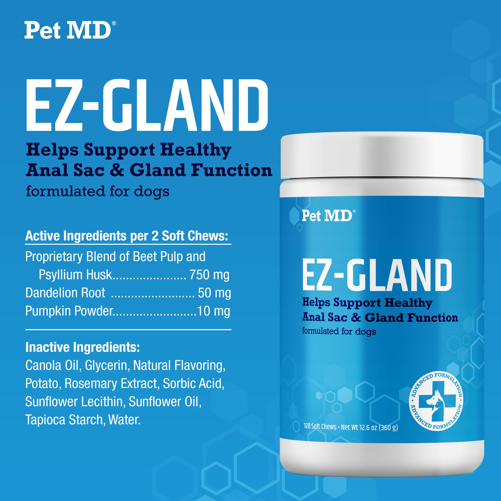 Pet MD EZ Gland soft-chews on a dog-friendly setup, emphasizing ease of daily use.