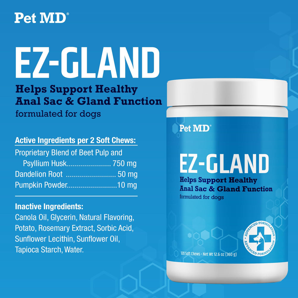 Pet MD EZ Gland soft-chews on a dog-friendly setup, emphasizing ease of daily use.